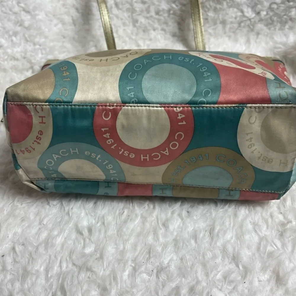 Coach satin scarf print 1941 beige ,khaki,peach & mint green color small tote. - Picture 15 of 16